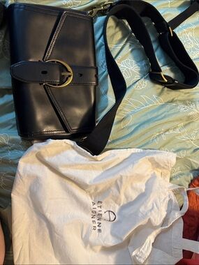 Etienne Aigner Black Leather Crossbody with Gold Buckle